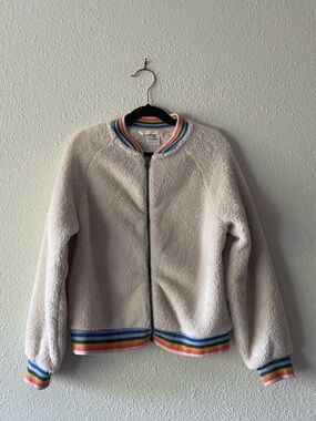 Hanna Andersson Girls 10 140 Sherpa Fleece Jacket Rainbow Stripe Bomber Ivory